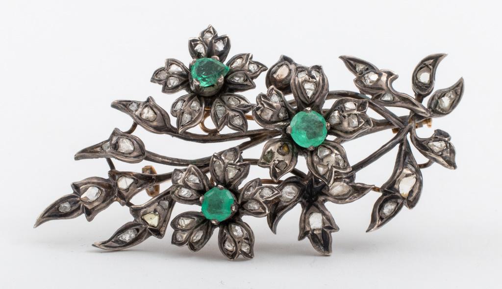 Antique Georgian Diamond Emerald Brooch Gold/Silve (1 of 6)
