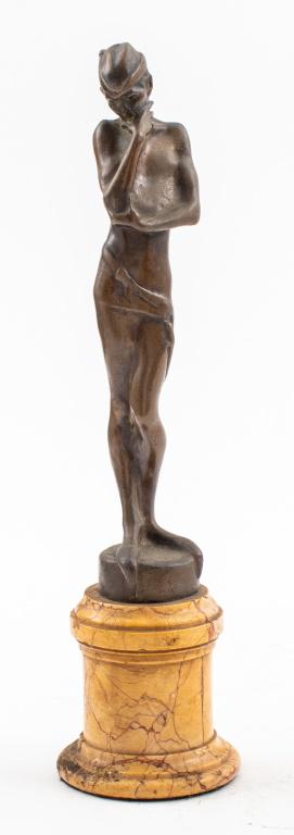 Elza Koveshazi Kalmar 'Mephisto' Bronze Sculpture: Elza Koveshazi Kalmar (Hungarian, 1867-1956) 'Mephisto' Art Nouveau period bronze cast sculpture, 1899, unsigned, on cylindrical pedimented marble base. 12.5" H x 3.5" Diameter.