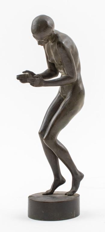 Heinrich Scholz Nude Woman Bronze Sculpture: Heinrich Karl Scholz (Austrian, 1880-1937) nude woman bronze cast sculpture, signed and dated 1919 on the round base. 12.5" H x 4.5" Diameter.
