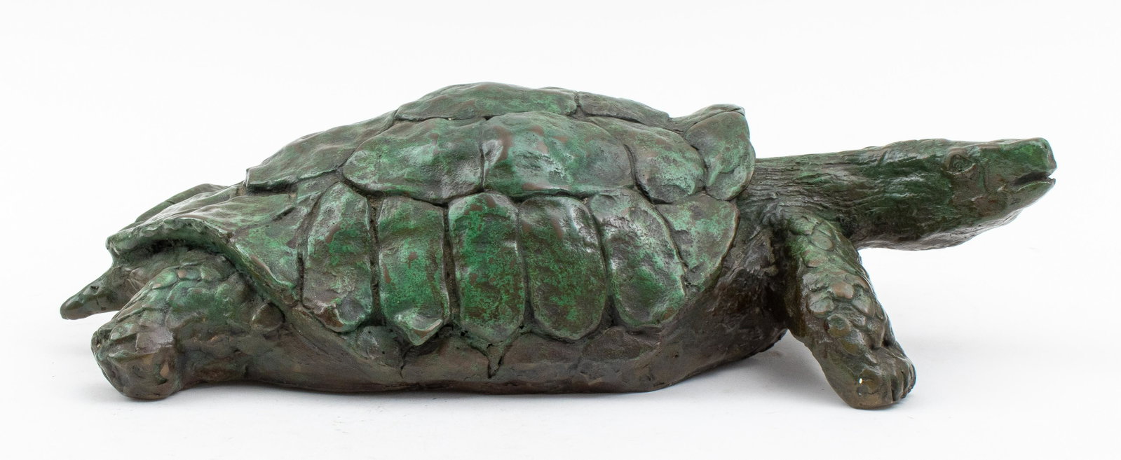 Patinated Bronze Sculpture of a Turtle, 20th c: Patinated bronze sculpture of a turtle, apparently unmarked, 20th century, naturalistically modeled and patinated. 5" H x 15" W x 8.5" D.
