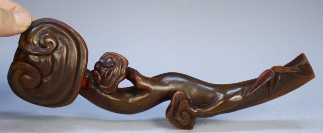 Chinese Carved Horn Ruyi Scepter: Carved ruyi (scepter) with mushrooms, horn, China; unmarked. Dimensions: Approximately 8"L x 2-1/2"W x 1-1/2"H