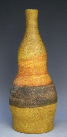 Italian Fantoni for Raymor Pottery Vase: Fantoni for Raymor matte-glazed pottery vase with mottled yellow to brown tones, ceramic, Italy, twentieth century; signed on bottom. Dimensions: 13"H x 5-1/4"W x 3-3/4"D