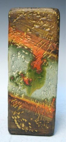 Rectangular Fantoni Italian Ceramic Pottery Vase: Rectangular vase with matte orange, brown, and green mottled glaze and textured surface, Fantoni for Raymor, ceramic, Italy, twentieth century; signed on bottom. Dimensions: 13-1/2"H x 5"W x 5"D