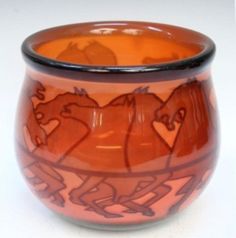 Swedish Orrefors Johansson Graal Glass Bowl 1969: Orrefors orange art glass Graal bowl decorated with a stampede of horses, designed by Jan Johansson, Sweden, circa 1969; signed. Dimensions: 6-1/4"H x 7"W