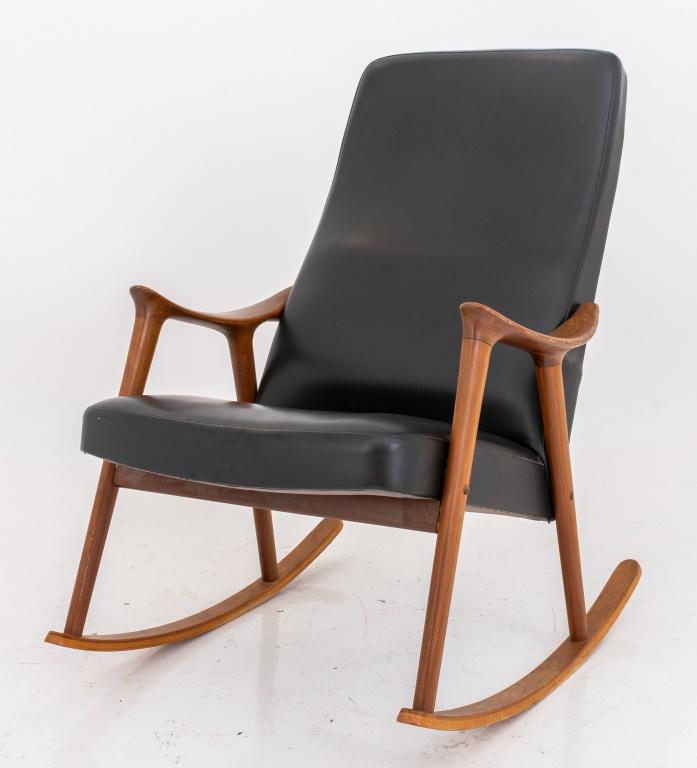 Ingmar Relling Rocking Chair for Westnofa: "Klarinett" Rocker for Westnofa Furniture designed by Ingmar Relling (Norwegian, 1920 - 2002) for Westnofa Furniture, Norway. 1960's, the tapering rectangular back and seat upholstered in black with t