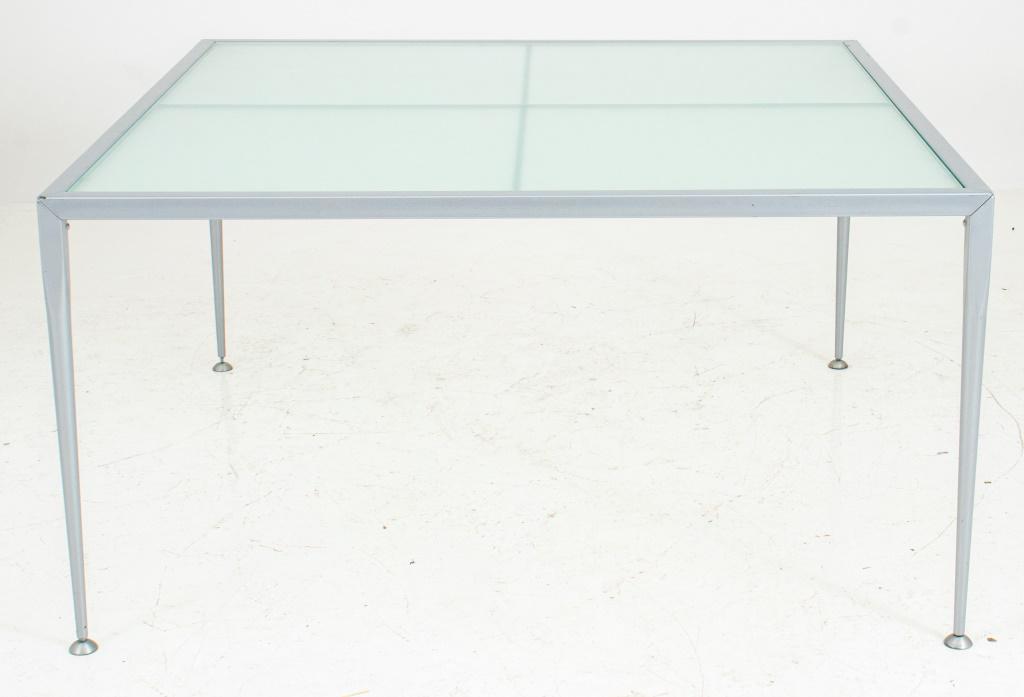 Baleri Italia Glass-Topped Outdoor Table: Baleri Italia silvered metal glass-topped outdoor table, square with tapering lags on pad feet, frosted glass inset top signed "Baleri Italia" 29" H x 55" square