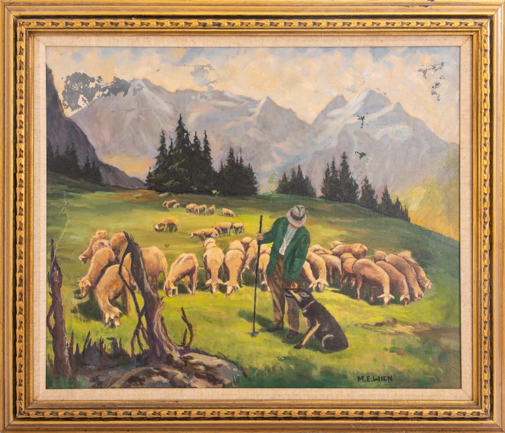 M.E. Wein, Alpine Landscape W/ Sheep, Oil & Canvas (1 of 5)