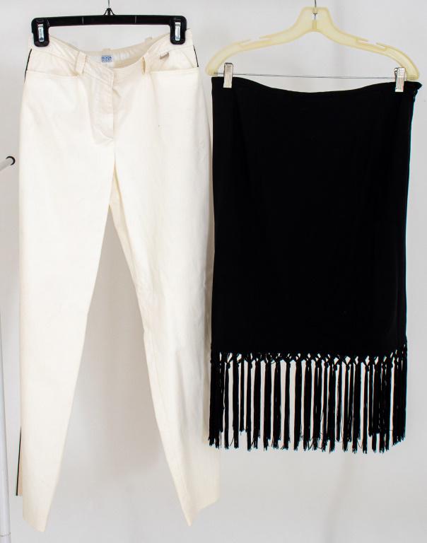 Escada Black Skirt & Escada Sport White Pants: Two pieces of Vintage Escada comprising one wool blend black skirt with fringe hem, size 38, made in Czech Republic, and one pair of Escada Sport cotton blend white pants with black trim details, size