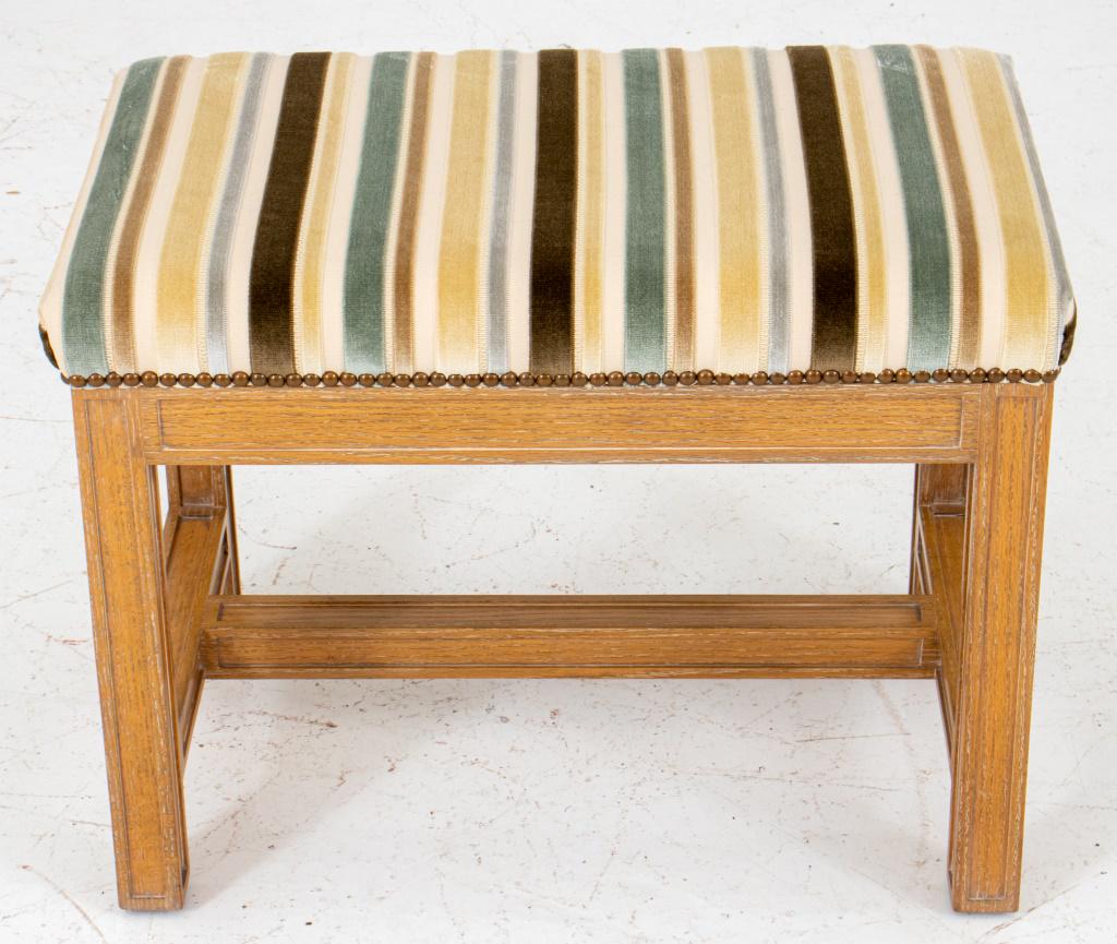 Limed Oak Small Bench: Limed Oak Small Bench, rectangular with molded seatrail and legs, the seat upholstered in a striped voided velvet, 19" H x 25" W x 15" D