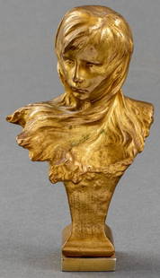 Jules Grosjean French Bronze Portrait Bust: Jules Aime Grosjean (French, XIX-XX) Art Nouveau gilt bronze portrait bust of a girl, signed: "Jul. Grosjean / France." 4.25" H x 2.25" W. Provenance: Property from an Upper East Side estate.