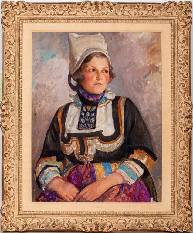 Portrait of a Traditional Folk Woman Oil on Canvas: Impressionistic oil on canvas-mounted panel painting depicting a female wearing a traditional Scandinavian dress and hat (possibly Estonian), the woman looking to her left, housed in a wooden frame ca