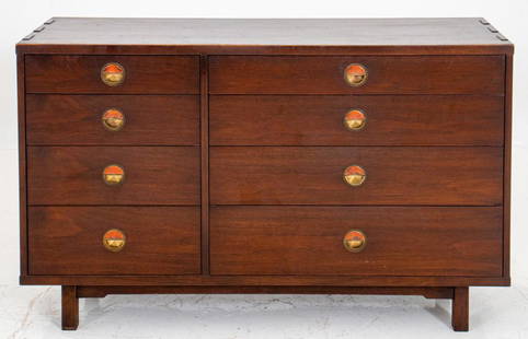 Edward Wormley for Dunbar Natzler Cabinet: Edward Wormley (American, 1907 - 1995) for Dunbar walnut cabinet, comprised of eight partitioned drawers, with enameled brass pulls created by Otto Natzler (Austrian, 1908 - 2007), interlocking design