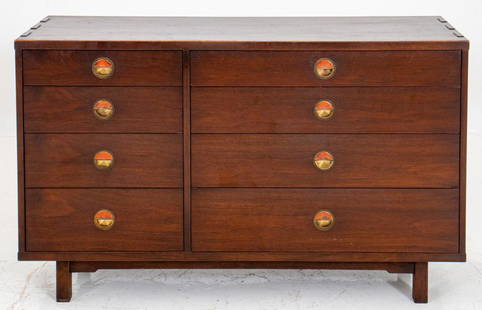 Edward Wormley for Dunbar Natzler Cabinet: Edward Wormley (American, 1907 - 1995) for Dunbar walnut cabinet, comprised of eight partitioned drawers, with enameled brass pulls created by Otto Natzler (Austrian, 1908 - 2007), interlocking