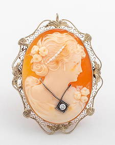 Antique 14K W. Gold Filigree Diamond Cameo Brooch (1 of 5)
