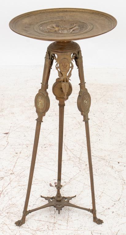 Ferdinand Levillain Bronze Gueridon 19th Century: A French brass pedestal by Ferdinand Levillain (French, 1837-1905), top centering a roundel of "Pandore", depicting an image for the Greek myth of Pandora, cast signature "F. Levillain" and dated 1861