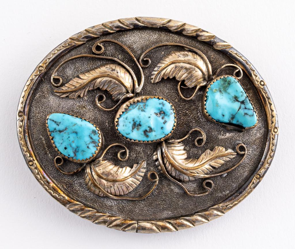 Navajo Gold Filled Silver Turquoise Belt Buckle (1 of 4)