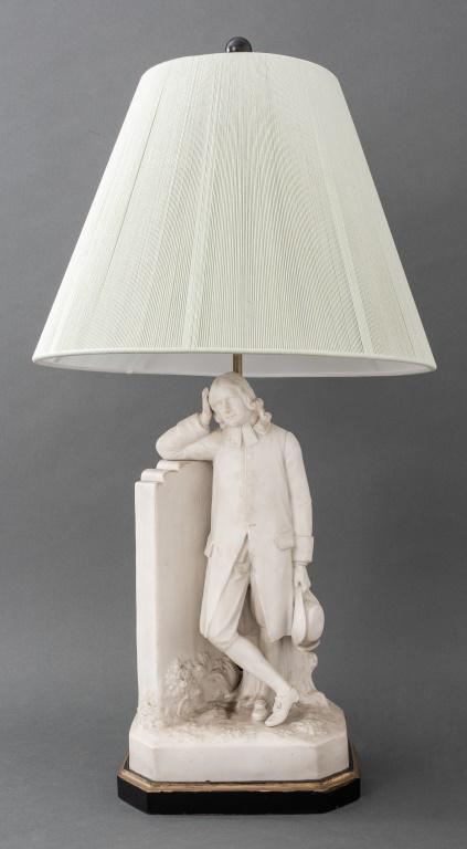 John Wesley Parian Stone Statue Mounted As Lamp: Parian stone figureal table lamp depicting John Wesley (English, 1703-1791) visiting his mother gave in 1779 mounted as a lamp on a ebonized and gild wood base. 16.75" H x 10" W x 7" D without shade.