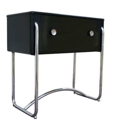 Mid Century Console Table by Marcel Breuer: Single drawer console table in black lacquered wood with tubular steel frame. This signed piece is by Hungarian born designer/architect Marcel Breuer who trained, and eventually taught, at the Bauhaus