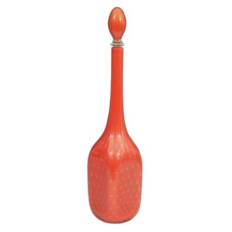 Mid Century Murano Decorative Art Glass Decanter: Tall bottle or decanter in striking, orange Murano glass. The squared body tapers into a slender neck and is capped by a bulb-form stopper. The finish is speckled with metallic details. Dimensions: 19