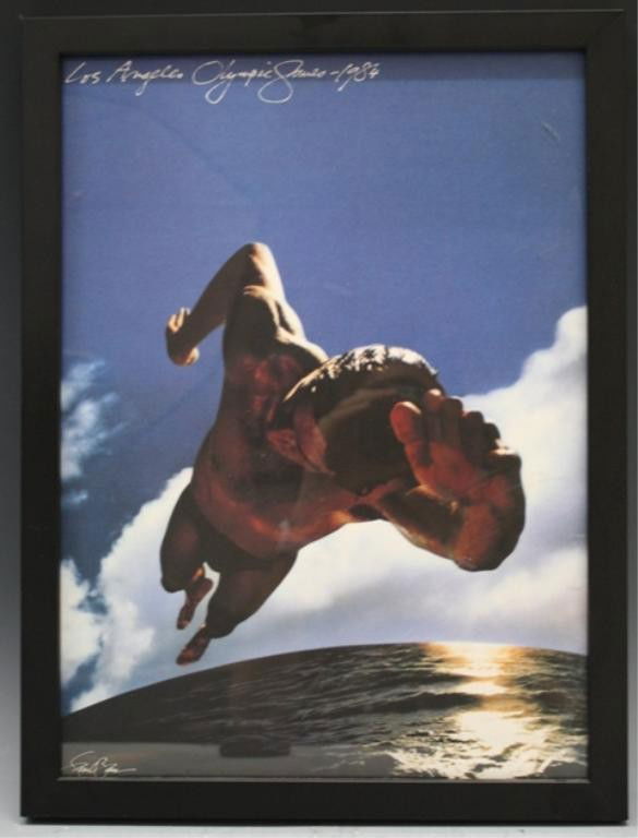 L.A. Olympic Games 1984 Poster by Saul Bass: Poster for the 1984 Los Angeles Olympic Games, designed by noted graphic artist and filmmaker Saul Bass (American, 1920-1996), paper in custom black wood frame; marked. Dimensions: framed 16"L x 12"W