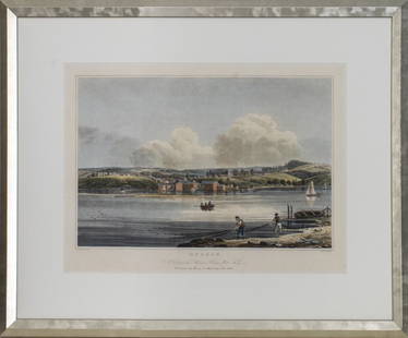 After W. G. Wall "Hudson" Hand-Colored Aquatint: After William Guy Wall, "Hudson / No 13 of the Hudson River Portfolio," hand-colored aquatint, published by Henry I. Magarey, New York. Image: 17.5" H x 23.5" W; frame: 28" H x 34.5" W