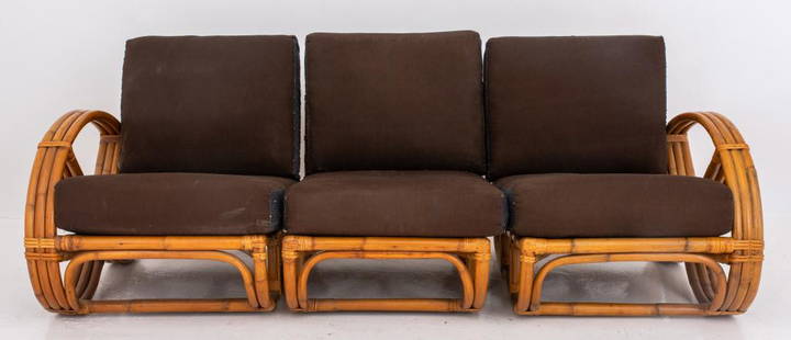 Paul Frankl Style Bamboo Pretzel-Arm Settee, 3: Bamboo three-piece pretzel-arm settee, breaking into three pieces comprising a pair, in the manner of Paul Frankl, each with opposing bent-bamboo arms and upholstered back and seat cushions, and a cen