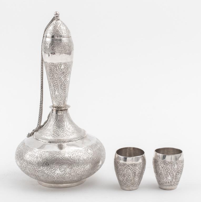 Indo Persian Silver Carafe and Cups, 20th c. (1 of 8)