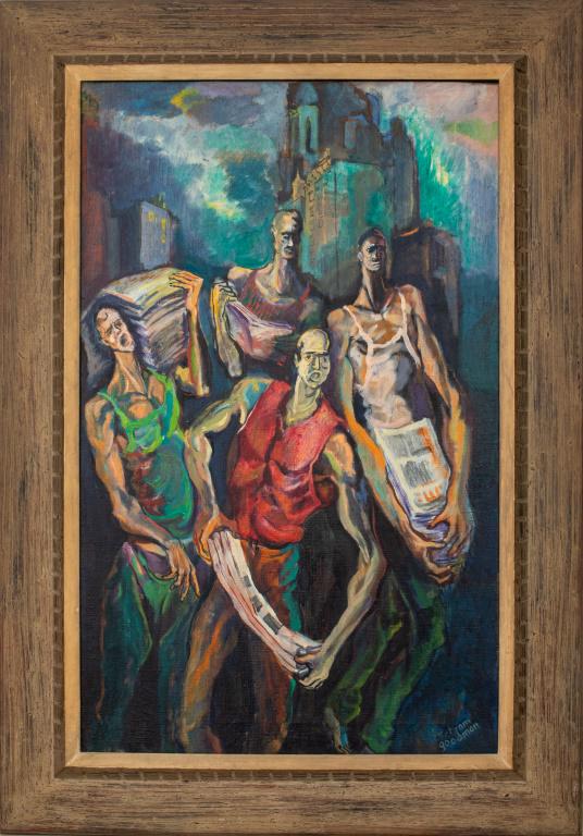 Bertram Goodman "The Newspaper Men" Oil on Canvas: Bertram Goodman (American, 1904-1988) "The Newspaper Men" oil on canvas painting depicting four newspaper salesmen amongst a cityscape, signed lower right, housed in a distressed wood frame. Image: 32