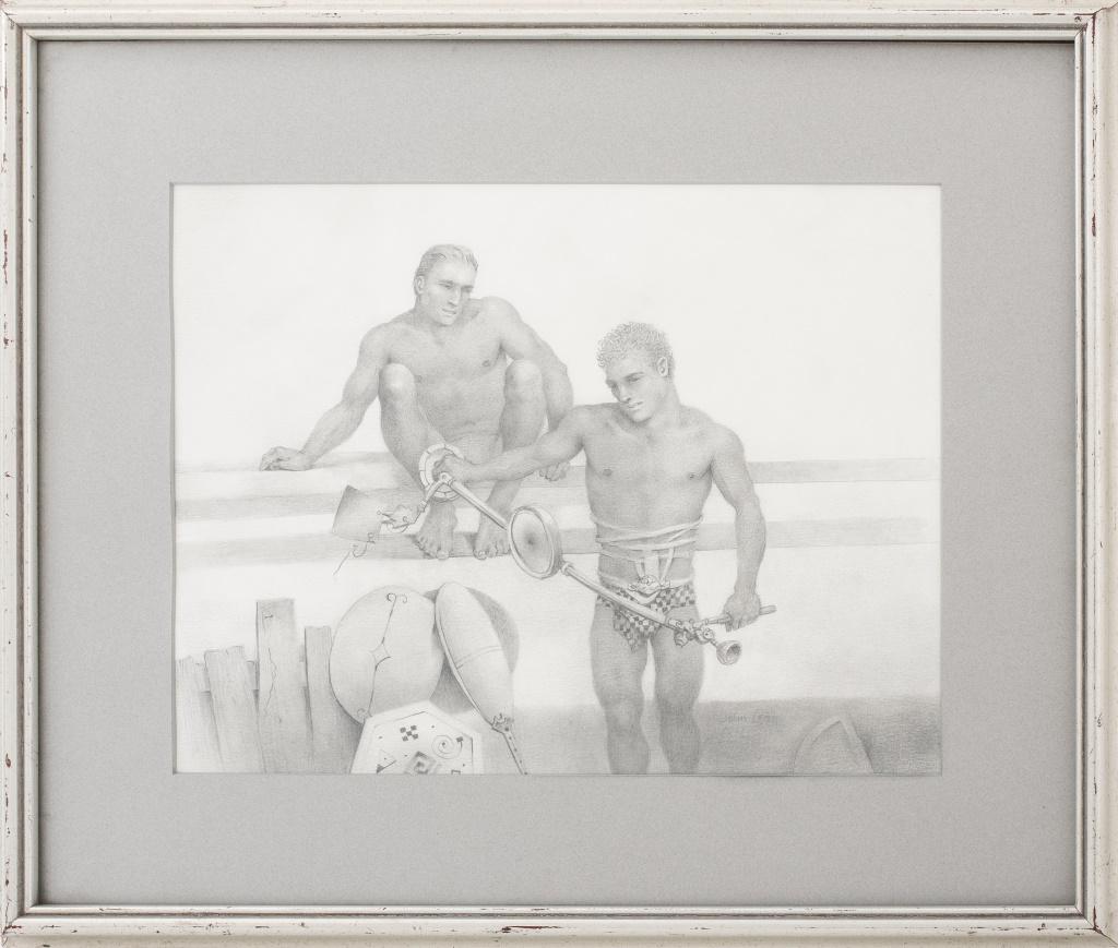 John Lear Two Men Graphite on Paper: John B. Lear (American, 1910-2008) graphite on paper, depicting two partially nude men, signed to lower right, housed in a silvered wood frame. Image: 10.5" H x 13.5" W; frame: 17" H x 20" W.
