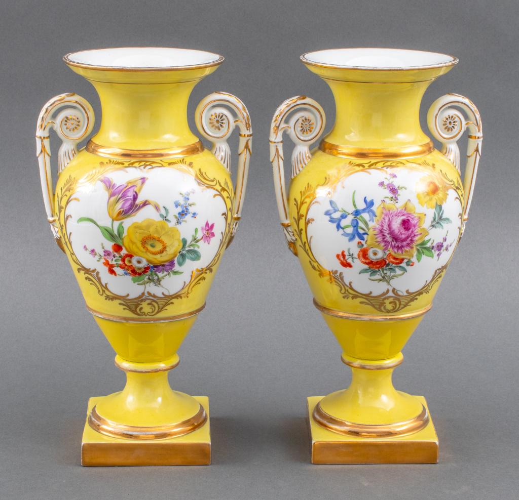 Meissen Yellow Glazed Porcelain Urn Vases, Pair (1 of 11)