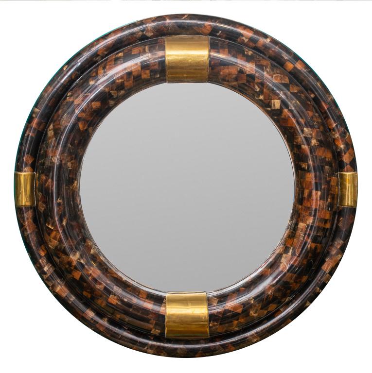 Karl Springer Tesselated Horn & Brass Round Mirror (1 of 3)