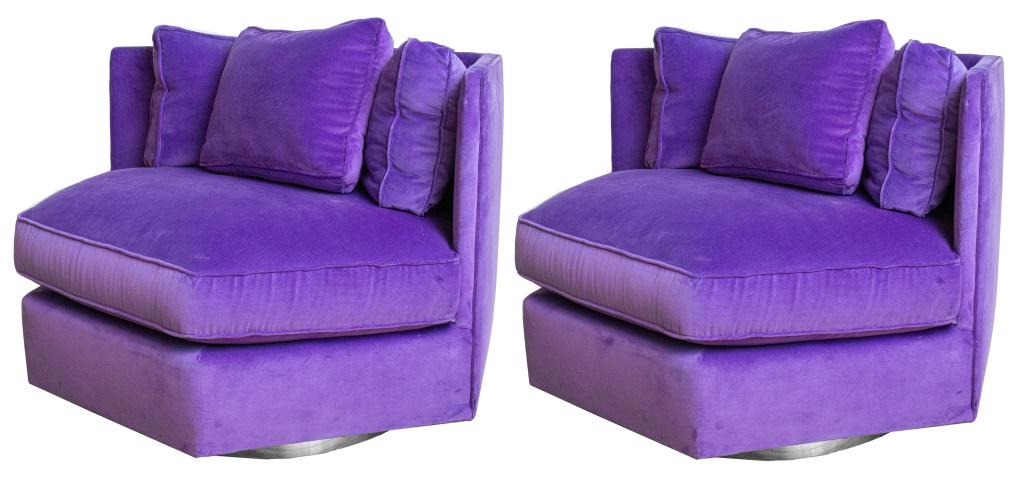 Modernist Hexagonal Upholstered Swivel Chairs, Pr: Modernist hexagonal upholstered swivel chairs, each of the pair in the manner of the Peter Murdoch "Hexagon Chair" (designed 1960) for Hille and Co., London, covered in violet velours. 28.5" H 41" W x