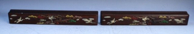 Chinese Pair of Wood Scroll Weights w/ Inlays: Pair of wood scroll weights with jade, cinnabar, mother of pearl and precise stone inlays, China; unmarked. Dimensions: each 1-1/4"H x 13-1/8"W x 1-3/4"D