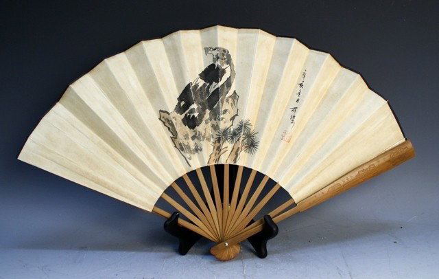 Chinese Fan Painting Attributed to Li Ke Ran: Fan with painted eagle perched on rock, attributed to Li Ke Ran (Chinese, 1907-1989), ink and color on paper with bamboo ribbing; marked. Dimensions: 13-1/8"H