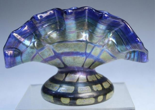 Austrian Loetz Kralik Glass Piece: Loetz blue and green glass piece, Austria; marked. Dimensions: 3-1/2"H x 5-1/2"W