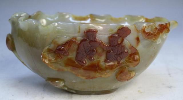 Chinese Agate Brushwasher w/ Figures & Bats Qing: Large brushwasher with two figures, bats and fish, agate, China, Qing Dynasty; unmarked. Dimensions: 3-1/2" L x 8" W