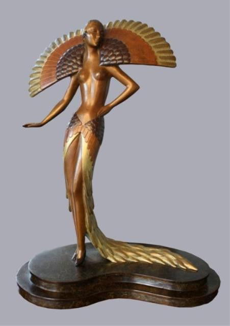 Erte "Ibis" Bronze Sculpture 1980: Bronze female figure sculpture entitled Ibis, Erte (Russian/French, 1892-1990), France, 1980; signed and marked 205/300. Dimensions: 16"H x 12-1/4"W x 7-1/4"D