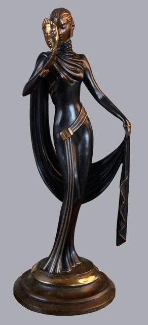 Erte "La Masque" Bronze Sculpture 1986: Bronze female figure sculpture entitled La Masque, Erte (Russian/French, 1892-1990), France, 1986; signed and marked 293/375. Dimensions: 18" x 7"W 5-1/2"D