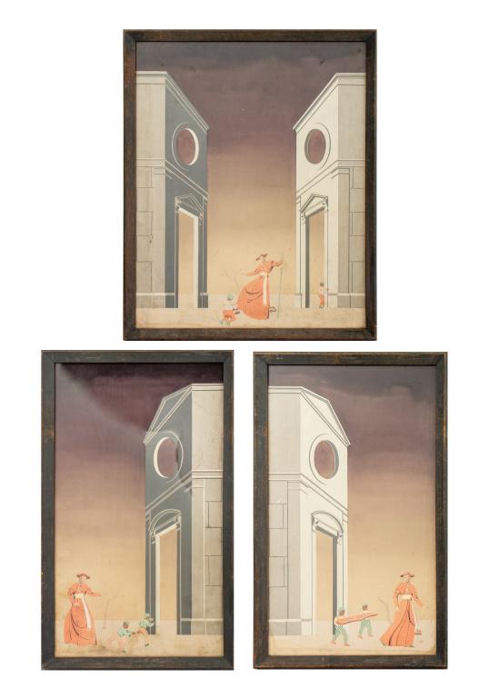 Chirico Style Surrealist Triptych Gouache on Paper (1 of 13)