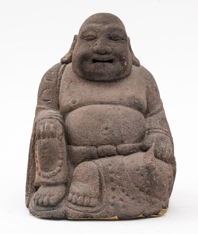 Indonesian Andesite Sculpture of Kubera: Javanese andesite carved sculpture of the happy Buddha / Kubera / Kuvera / Kuber seated, 16th century or later. 9.2" H x 7.7" W x 6.3" D.