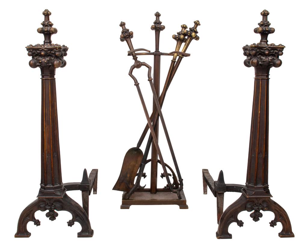 Gothic Revival Bronze Andirons & Fireplace Tools (1 of 15)
