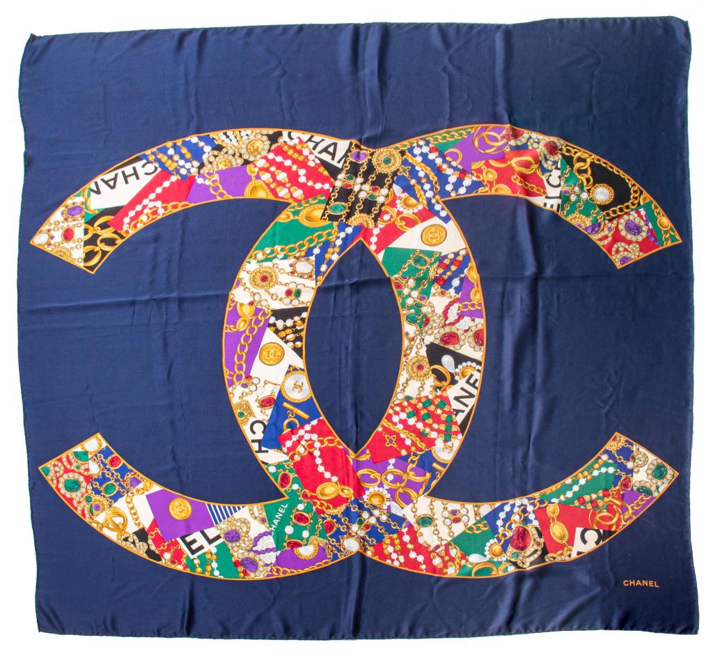 Large Vintage Chanel Blue Marine Silk Scarf (1 of 7)