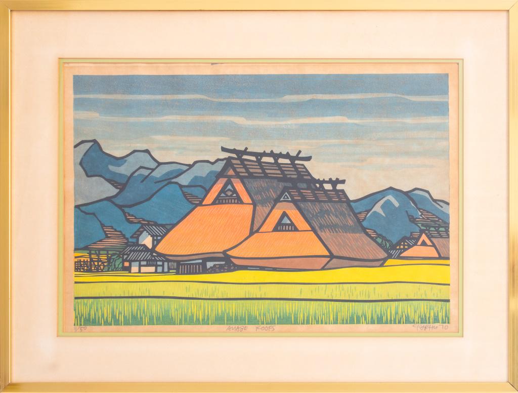 Clifton Karhu "Ayabe Roofs" Color Woodcut: Clifton Karhu (American, 1927-2007) "Ayabe Roofs" color woodcut on paper, depicting a landscape with Japanese traditional houses and mountains in background, pencil signed to lower right and titled to