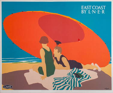 Tom Purvis "East Coast By L.N.E.R" Poster: Tom Purvis (British, 1888-1959) "East Coast By L.N.E.R" offset lithograph printed in 1985 by MoMA New York, unframed. 32.5" x 41".