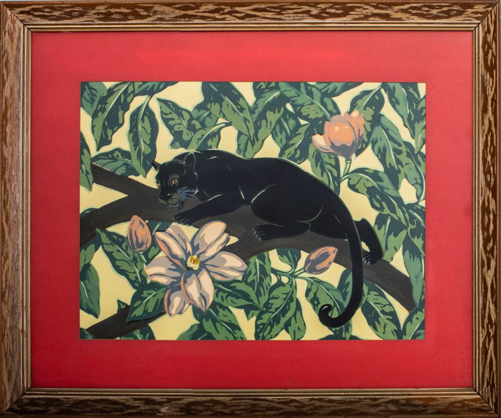 Mid-Century Silkscreen of Jaguar in Magnolia Tree (1 of 8)