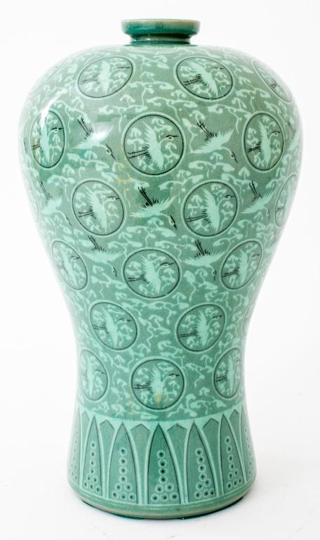 Korean Maebyeong Celadon Cranes and Clouds Vase: Korean maebyeong celadon (greenware) Cranes and Clouds Vase, of typical form, allover decorated and with signature to base. 14" H