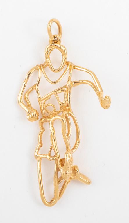 14K Gold Track and Field Sports Charm / Pendant: 14K gold artisan crafted charm of a track and field sorts person, either long jumper or possibly a runner / hurdler. Marked 14K. Charm/ Pendant measures Approx 1 1/2 " x 3/4 ". Gold has been tested. 1