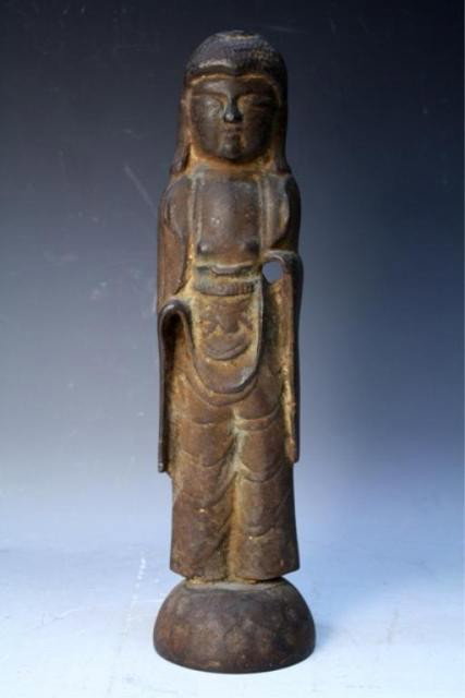 Chinese Iron Buddhist Figure Pre-1600: Iron standing Buddhist figure, China, pre 1600; unmarked. Dimensions: 16" H x 4" W x 1" D