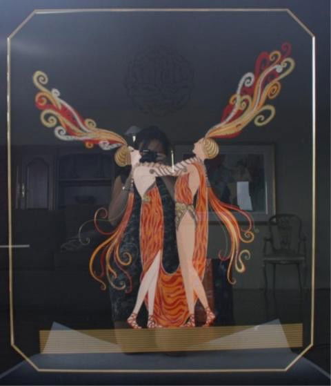 Erte Serigraph "Kiss of Fire" 1984: Serigraph print entitled Kiss of Fire, framed, Erte (Russian/French, 1892-1990), France, 1984; signed and marked 40/300. Includes certificate of authenticity. Dimensions: overall 45"H x 39-1/2"W; imag