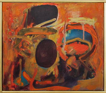 William Scharf Abstraction Oil on Canvas: William Scharf (American, 1927-2018), abstraction, oil on canvas, July 1964, unsigned, dated on reverse. Image: 12.75" H x 14.5" W; frame: 13.5" H x 15.5" W.